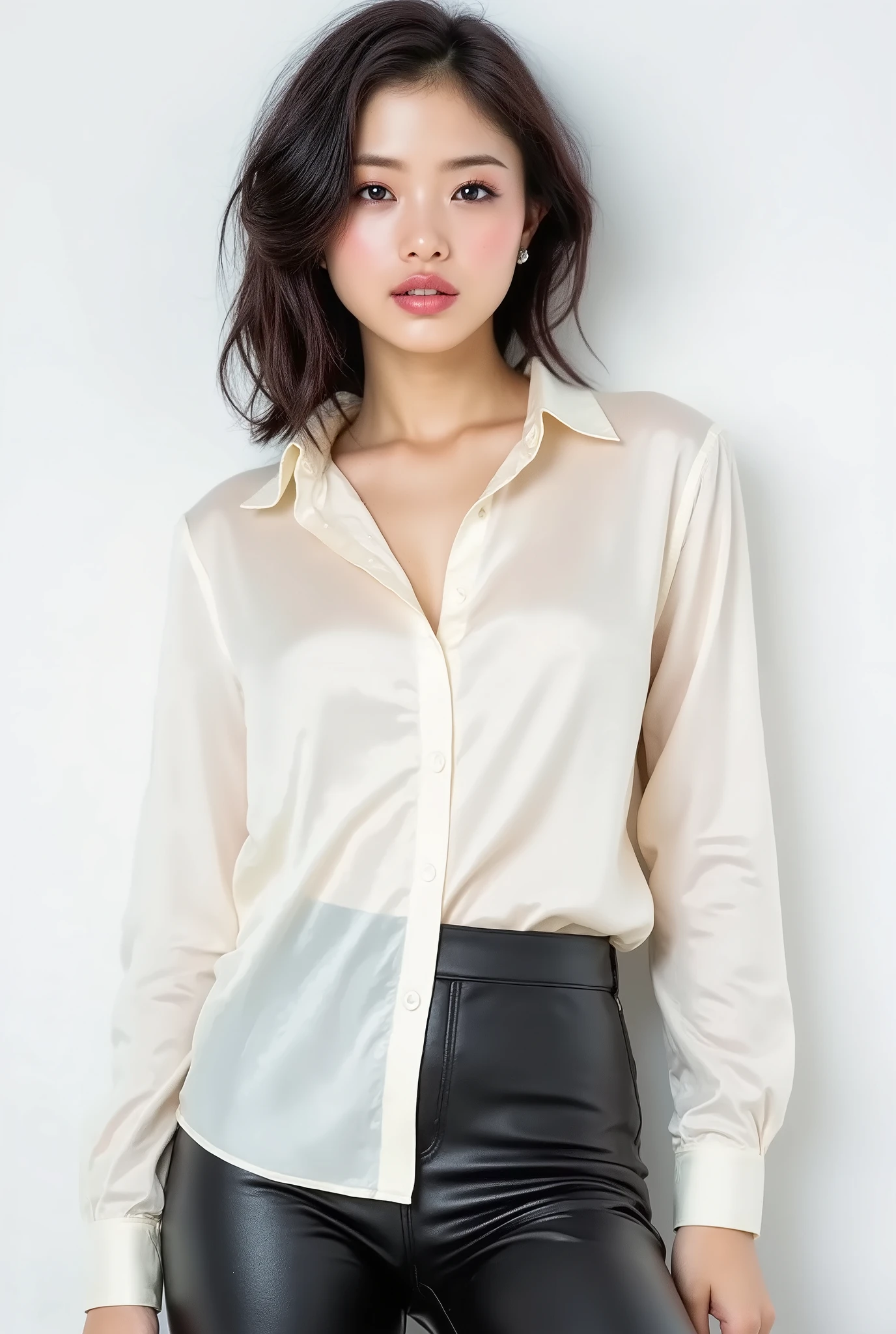 craft a hyper realistic vertical photo of Indian most attractive serious woman in her 20s in panty, trending on artstation, portrait, digital art, modern, sleek, highly detailed, formal, serious, determined, CEO, colorized, smooth, charming, pretty, soft smile, soft lips, black eyes, Trendsetter wolf cut brown hair,