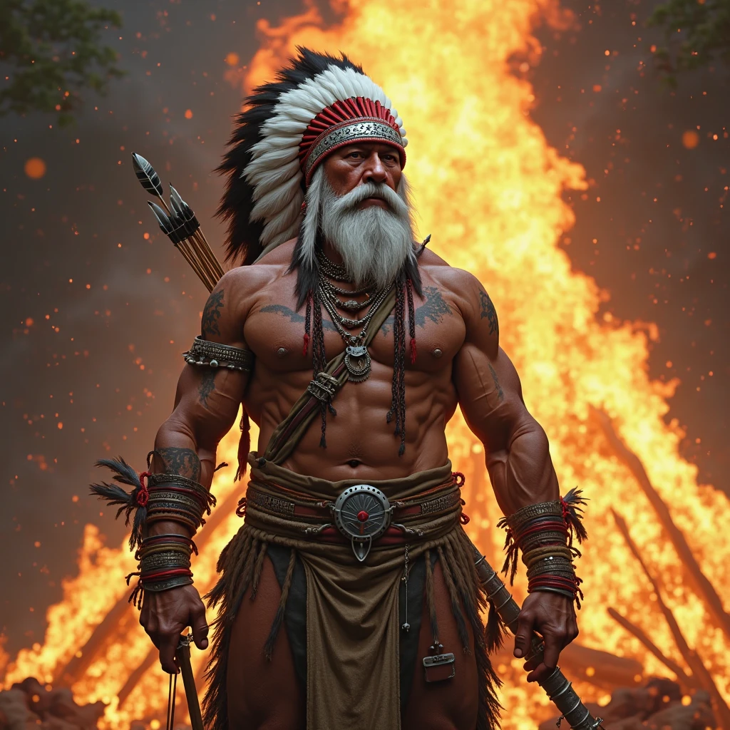shamanic indian with a colorful headdress on his head in connection with the universe in front of a large bonfire
