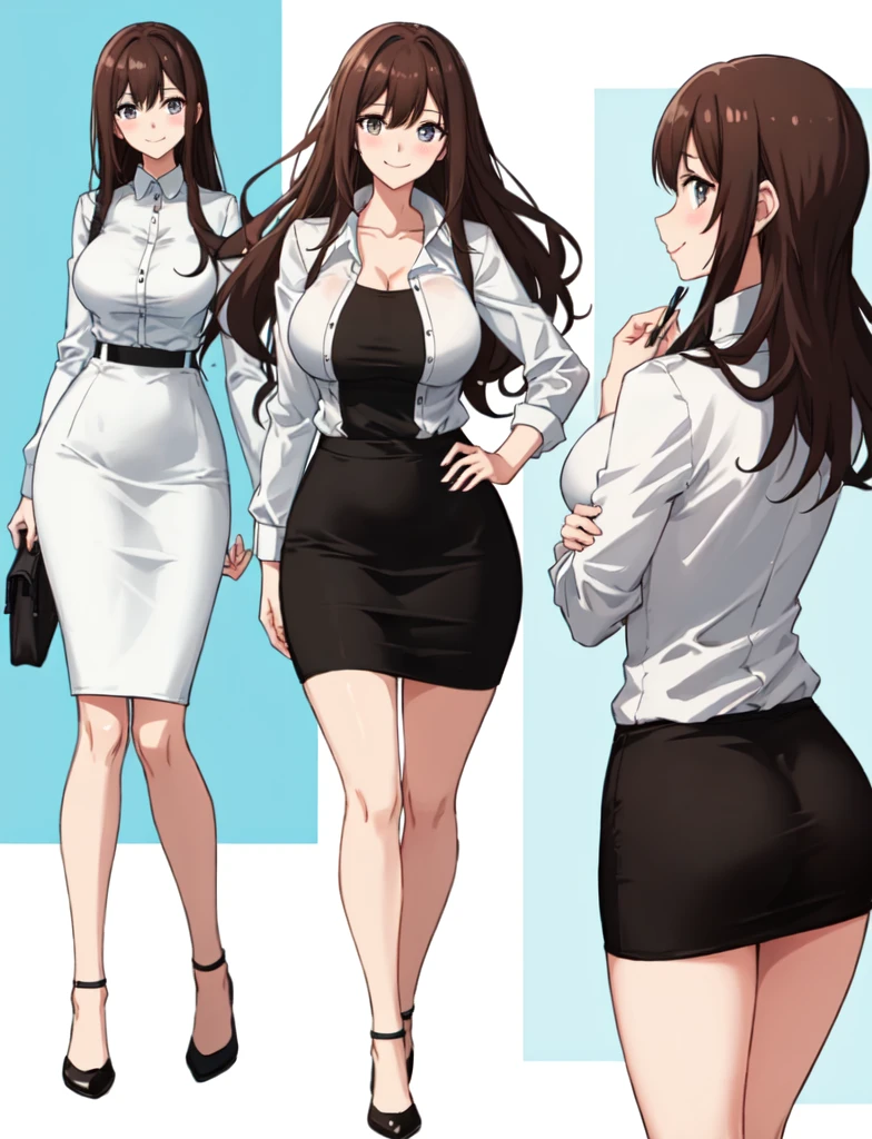 (comic style artwork with perfect anatomy) (masterpiece, best quality) masterpiece:1.6, best quality:1.4, real picture:1.2, intricate details:1.2, charturnerv2:1.2, full body character turnaround of 1lady, Appearance: milf:1.25, slender:1.3, brown eyes, brunette, perfect body, medium breasts, medium chest, sharp eyes, cleavage, curvy (((Clothing: white maxi dress shirt unbuttoned, black knee high tights, black short miniskirt))) Accessories: golden ring, simple hoop earrings, Hair: long black hair, curly hair, Makeup: natural, glowing skin, (simple background, white background:1.3), multiple views, Multiple views of the same character in the same outfit:1.3.
