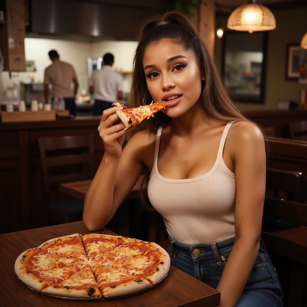 araffe woman, ARiana Grande, sitting at a table with a pizza in front of her, eating pizza, eating a pizza, holding pizza, holding up a pizza, 21 years old, holding a large pizza!!!, munching pizza, eating a pizza margherita, 🥥 🍕 hybrid,