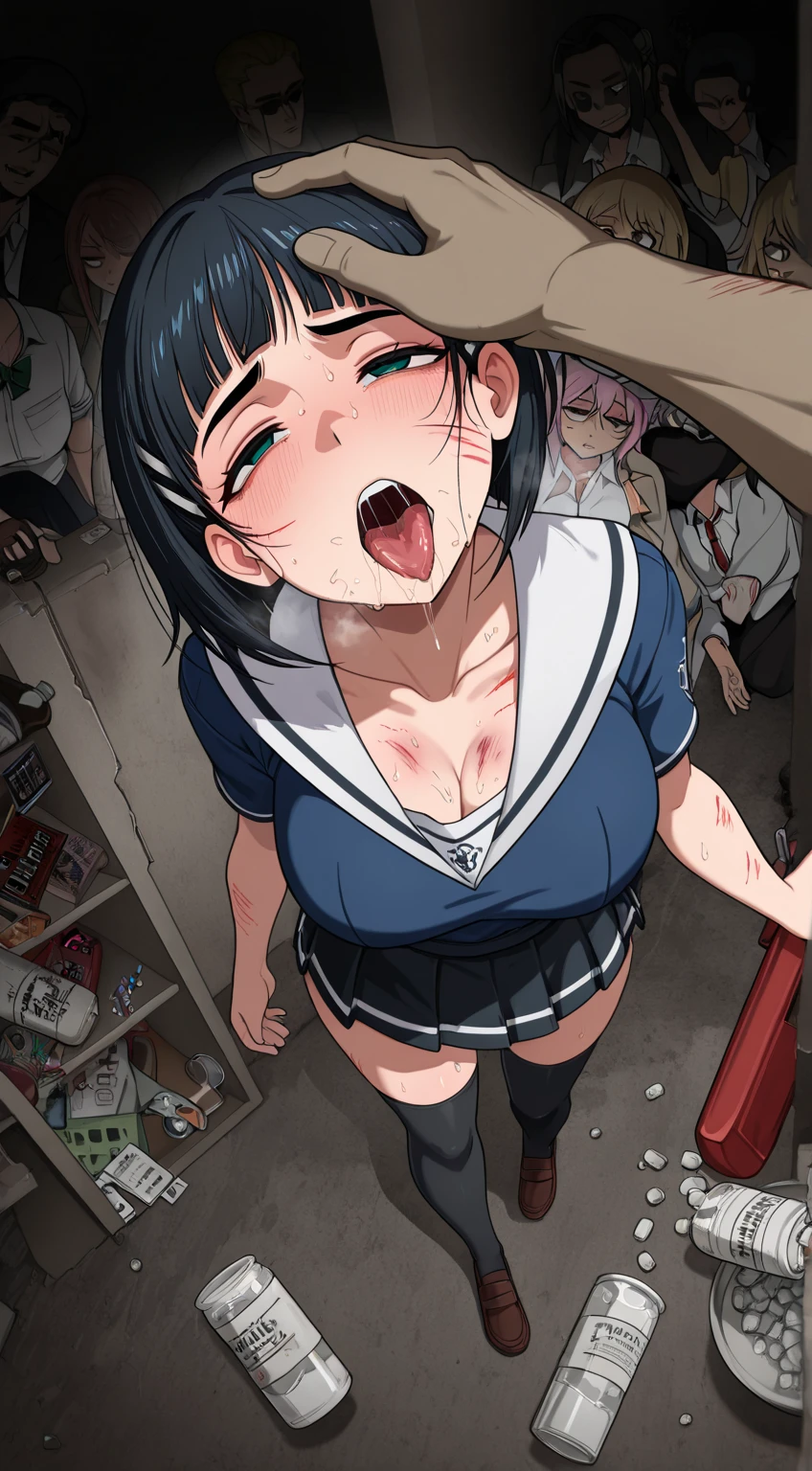 naked woman、multiple men、breasts exposed、Pubic hair exposed、、women cry and laugh、beautiful illustrations、highest quality、crowd、orgy、Penis insertion、semen、Woman feeling ecstasy、dungeon