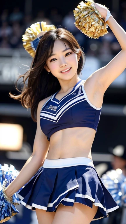 Highest quality, 8K, masterpiece :1.3)), whole body, Sharp focus :1.2, Beautiful woman with perfect figure :1.4, Slim Abs :1.2, ((Dark brown hair, Big Breasts :1.2)), whole bodyショット),(RAW shooting:1.2)、(realism:1.4)、(masterpiece:1.3)、(Highest quality:1.4)、The Beauty of Japan、Black Hair,Beautiful and eye-catching details、Beautiful eyelashes and double eyelids、eye shadow、Perfect Eye Makeup、alone、cute、(cute:1.2)、(A smile full of happiness:1.4)、Smiling Kindly、show excitement、(ponytail:1.2)、(From the bottom perspective:1.3)、(mini skirt)、美しくThin legs、(Perfect Body Beauty:1.3)、Shiny skin、(Cheerleading and other energetic poses:1.5)、Looking into the camera,Narrow waist、Thin legs、Big Breasts、Photorealistic、Age 25、Cleavage、Glamour、sexy、Thighs、長いponytail、cuteアイドル、Big Boobs