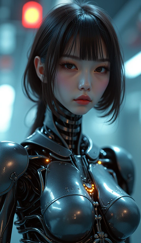 ((Perfectly beautiful woman))、(detailed mechanical body)、(((Human face and neck, cyborg body)))、smile、(((I can see the whole body)))