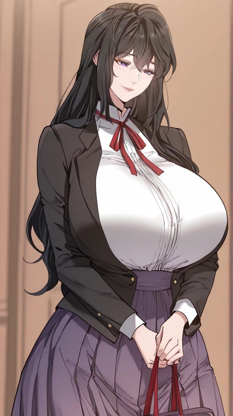 (8K, highest quality, table top:1.4), (intricate details:1.3), (realistic), (super detailed), 1 girl, alone, Beautiful woman, mature woman, (Sensual smile:1.35), Front view, (leaning forward:1.2), looking at the viewer, tropical resort, detailed long hair, (fluffy long black hair), fine eyes, hourglass body shape, (Sensual curvy body:1.1), medium breasts, thick thighs, wide hips, small waist, sexy sailor suit, pleated mini skirt, realistic lighting, natural soft light, dynamic lighting, red eyes, show cleavage, sleeveless