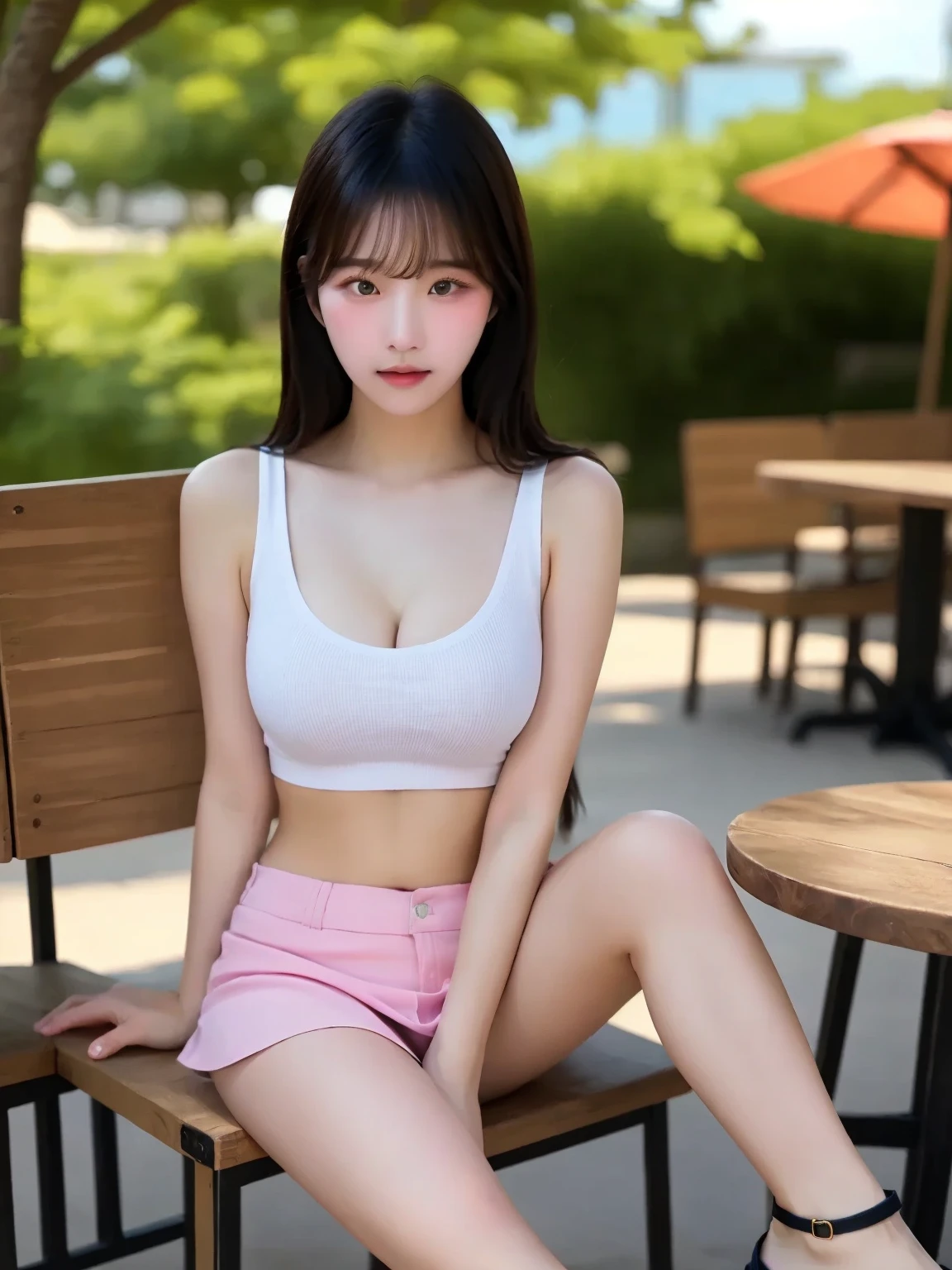 Top quality, ultra high resolution, (fidelity 1.4), hyper realism, one girl, looking at the camera, smile, cute, full body, outdoor, upper body white transparent t-shirt, pink loose C cup, short skirt with lower body hips, supple skin, cute and attractive round face, very detailed and delicate collarbone, sapphire necklace, attractive body shape, sitting on chair with crotch open, cotton panties, infant face