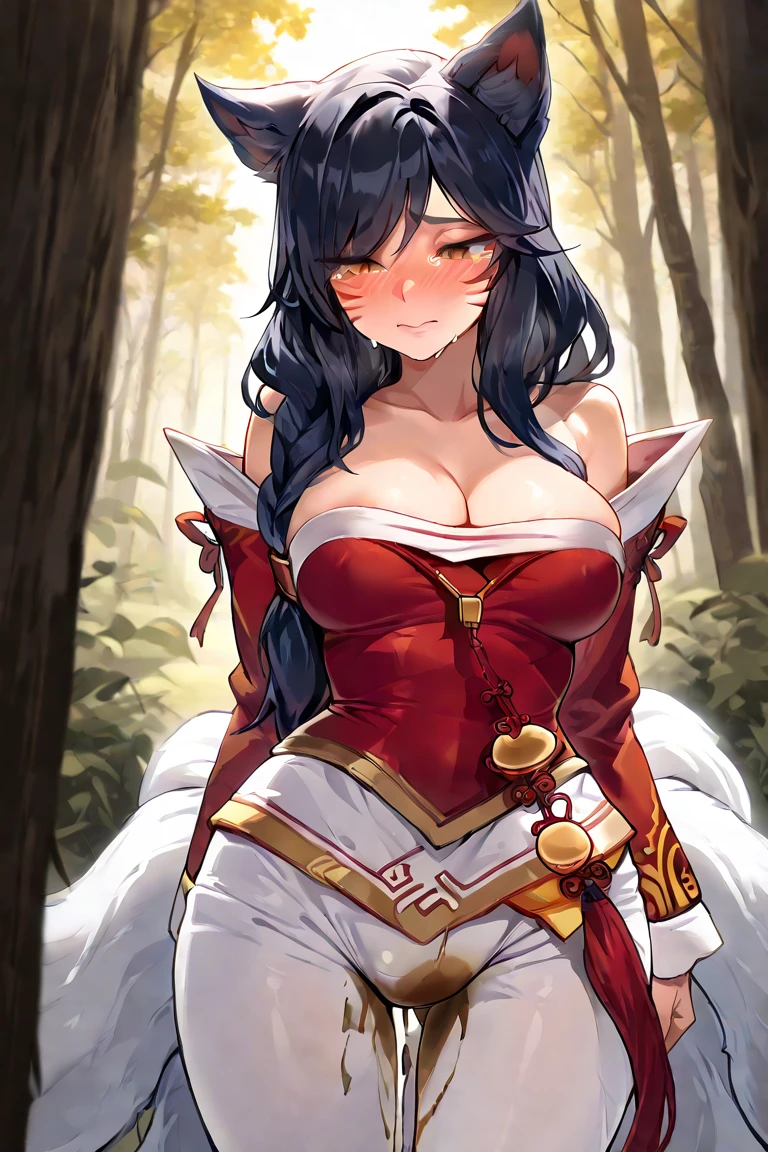 (best quality,ultra-detailed,realistic:1.37),Ahri,spa,luxurious,relaxing atmosphere,beautiful detailed eyes,beautiful detailed lips,smiling,bathrobe,sitting upright,black hair,nine white tails,peaceful background,portraits,vivid colors,soft lighting,tranquil ambiance, bare breasts