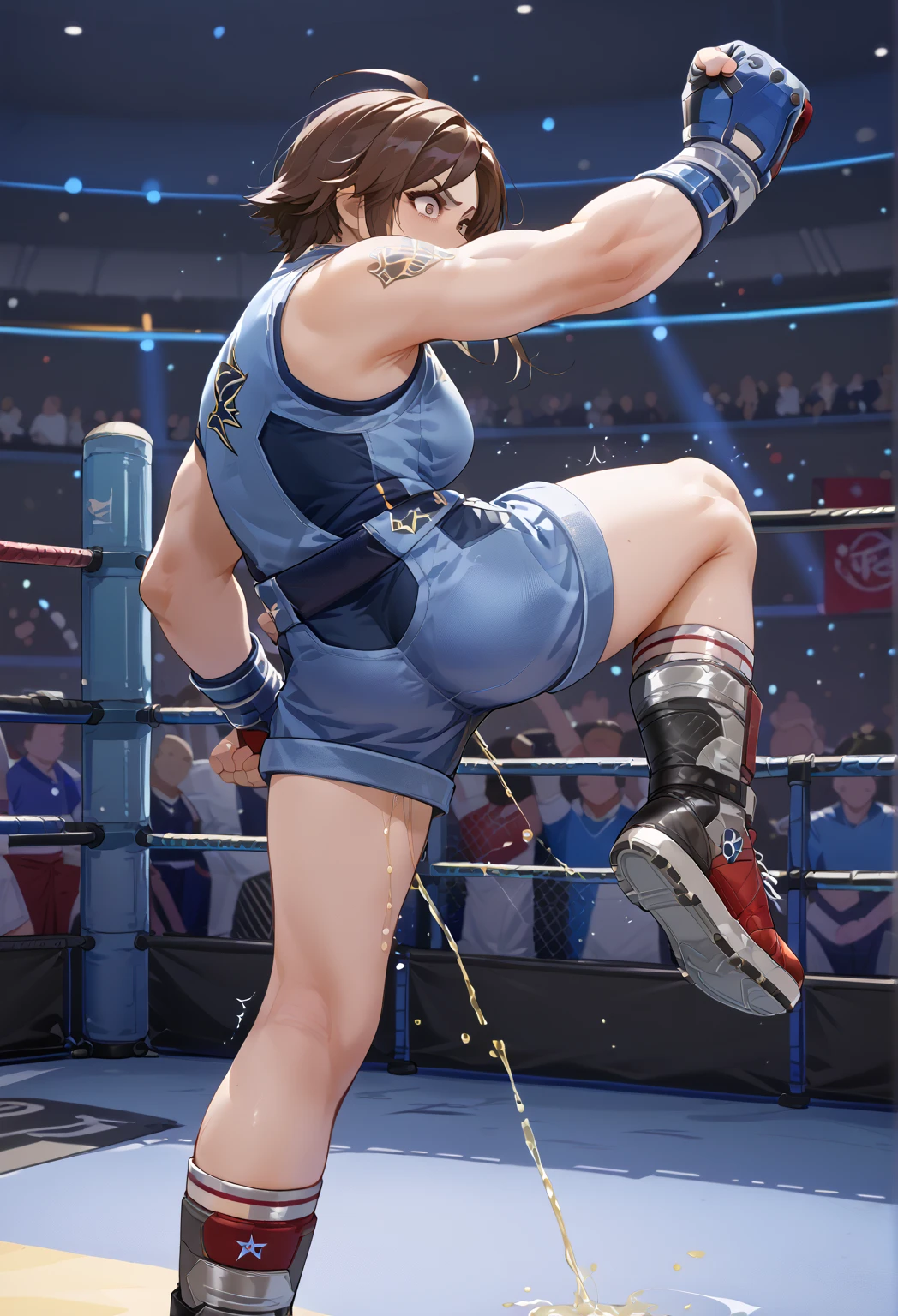 ((Curvy Denise Milani)) (Big bright green eyes) ((bright red lipstick)) ((stylish jet-black hair)) ((large fake breasts)) ((thicc thick thighs:1.3)) ((wearing sexy olive green boxing shorts:1.5)) ((short stiletto-heeled combat boots)) ((wrestling ring entrance, inside crowded stadium)), ((high definition:1.5), ((low intencity lights)) ((masterpiece:1.5)) ((16k:1.5)) ((Best quality:1.4)), (full body portrait), boxing shorts, sexy boxing shorts, glossy boxing shorts, wet shorts, sweaty shorts,