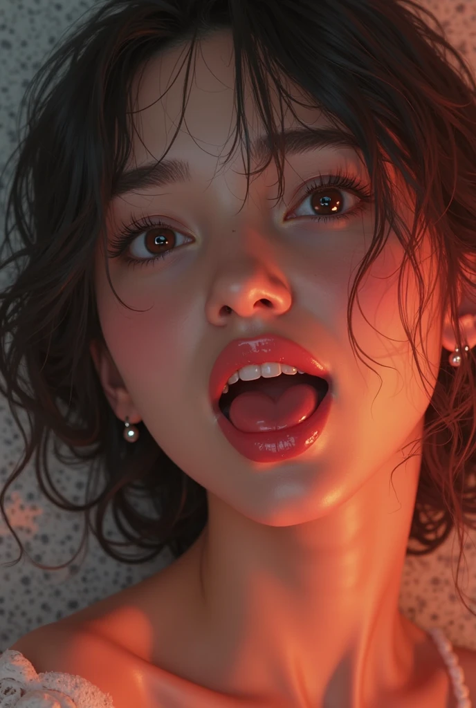 ((8K, top-quality, masterpiece, 超A high resolution, Photorealsitic:1.5)), 1girl in, age19, Perfect dynamic composition, tilt the neck, looking up at the viewer:1.4, Highly detailed eye and face texture:1.3, Fair skin, (Beautiful blue eyes, Eyes that feel beautiful eros:1,5), (Face feeling ecstasy:1.5, Sexy face:1.5), (A mouthfeel that feels beautiful eros:1.55), (Facial expression when you feel that you are being caressed violently:1.65, An expression drowning in intense pleasure:1.65), (foco nítido, Cinematic lighting), Show face only, ((((Too erotic)))), Cute sexy woman