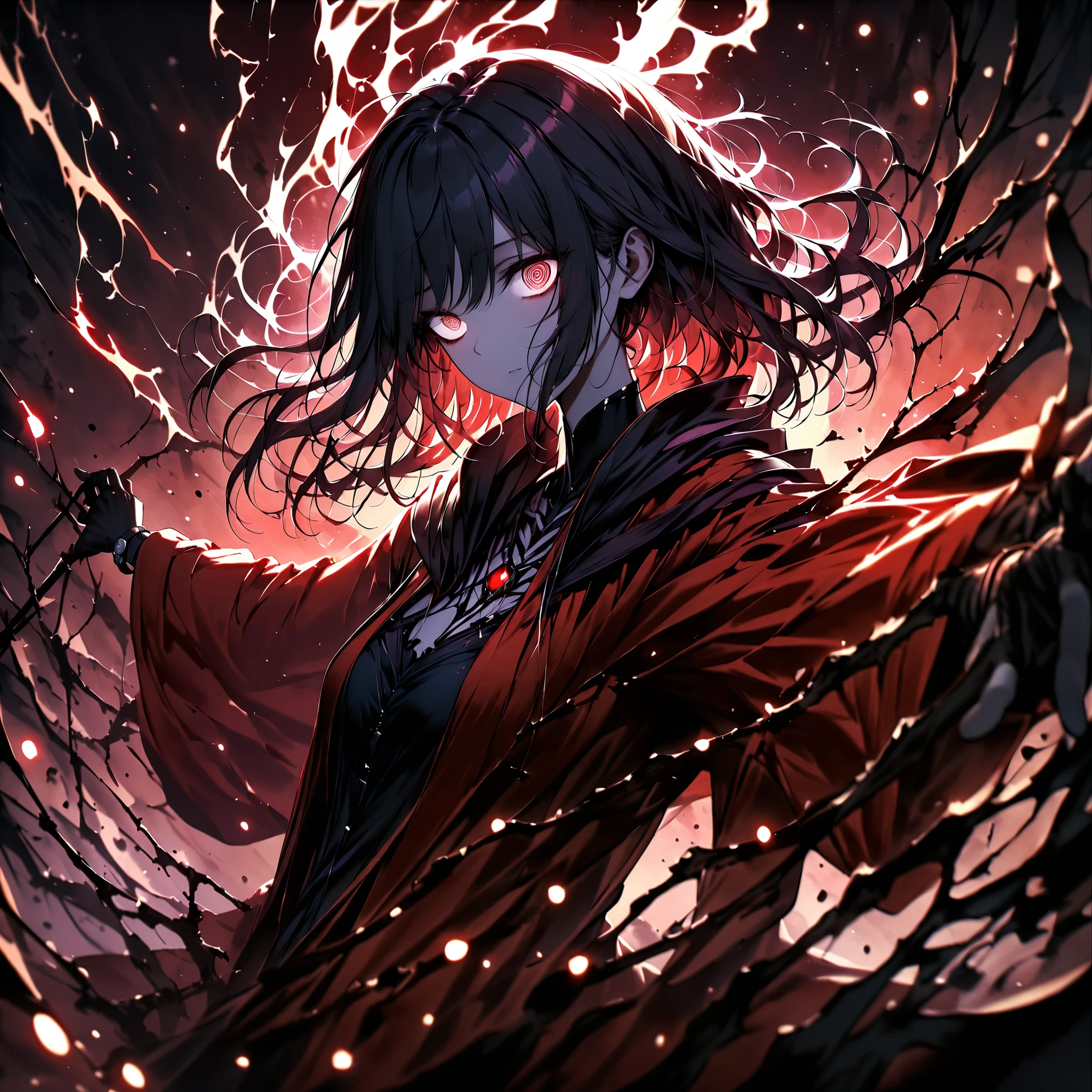 medium hair, sleepy eyes,Zitoida, cute,solo,1 , (top quality, Super Sharp, detail),dynamic angle,low angle,watch viewers,Eye Afterglow Effect,cinematic,@_@,creepy dark eyed,Background of the spread of the undead,Thinning,A world like a dream,Beautiful Robe ,Red Base,emotionless,wizard,