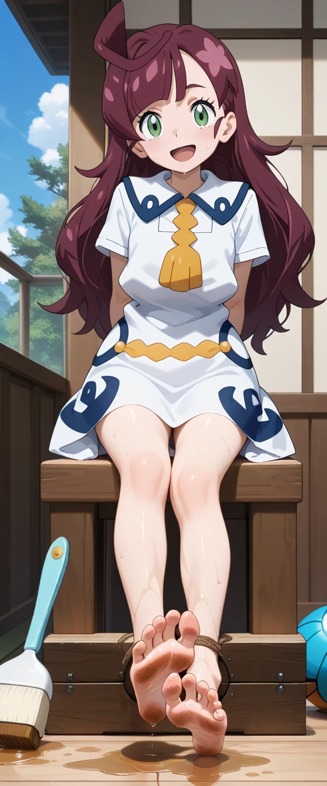 masterpiece, best quality, highres, chl1, 1girl, braided_ponytail, (ahoge:1.1), dress, , white dress, collared dress, collarbone, eyelashes, short sleeves, neck tassel, cafe, sitting, eat, table, food, bareankle barefoot baretoes barefeet baresole foot feet toes sole dirty dirt