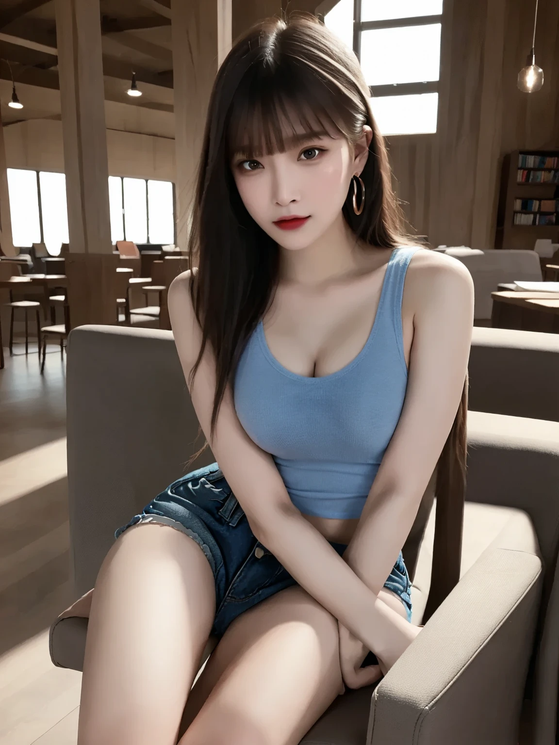 Black Hair、short hair、With bangs、smile、Big Breasts、Sexy body、White tank top、Blue denim shorts、Sitting in a chair、In the casino