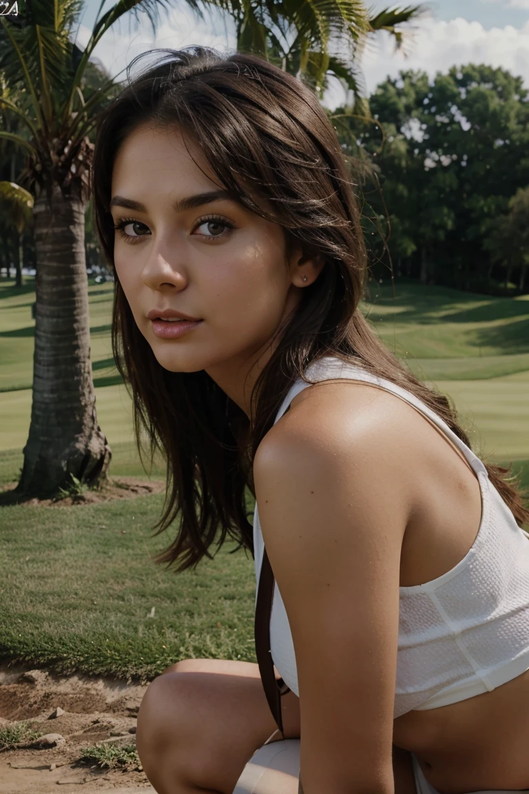 Create a photorealistic portrait of a 21-year-old Colombian girl with long, flowing dark hair and striking dark eyes, participating in various activities including playing tennis and lying on tree roots. She should have a natural, approachable expression, illuminated by soft, golden-hour sunlight. The backgrounds should feature scenic outdoor settings, such as a sunlit park, a serene beach, and an outdoor tennis court. Capture these images in high resolution, best quality, 4K, ultra-detailed, and realistic. Utilize an 85mm lens to achieve a flattering perspective. Ensure the scenes are masterpieces, with intricate fine detail, elegant, sharp focus, illuminated, and highly cinematic.