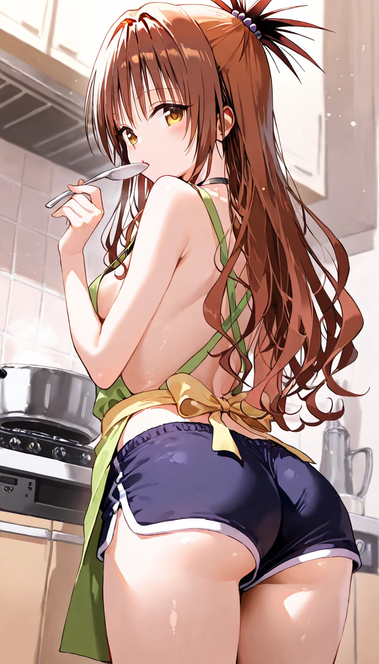 (((masterpiece, Highest quality, High resolution, 超High resolution, Perfect Pixel, Depth of written boundary, 4K, RTTX 10.0))), Beautiful Anime Woman, Beautiful art style, Anime characters, ((Smooth texture, Realistic texture, Anime CG Style)), Exact finger count、Exact number of legs、(Exact number of arms:1.0, Exact number of hands:1.0), (Perfect hands, Perfect Anatomy), Cinematic, Realistic, Extremely detailed CG, Daytime lighting, Perfect lighting, Best Shadow, The best natural light, whole body, Perfect body, バランのとれたPerfect body, Perfectly balanced style, Slender body, ((Long Hair, bangs, Reddish brown hair, ponytail)), ((Back view of a cute adult woman cooking:1.8)), (pussy juice:1.5), ((Bow tie around neck:1.3), (Sexy and cute yellow underwear:1.3), (Stylish shiny yellow satin panties, Side-tie panties, Panties with lace trim:1.3), (Thin panties:1.3), (Yellow micro lace satin bra, Yellow bra with lace trim, Thin bra:1.3), (garter belt, Knee socks:1.3):1.3), (Stylish kitchen, In the middle of cooking, Dishes lined up in the kitchen:1.5), naked, In underwear, Waitress in underwear, (Frilly maid-like headband:1.2), Angle from directly behind, Close-up angle of the butt