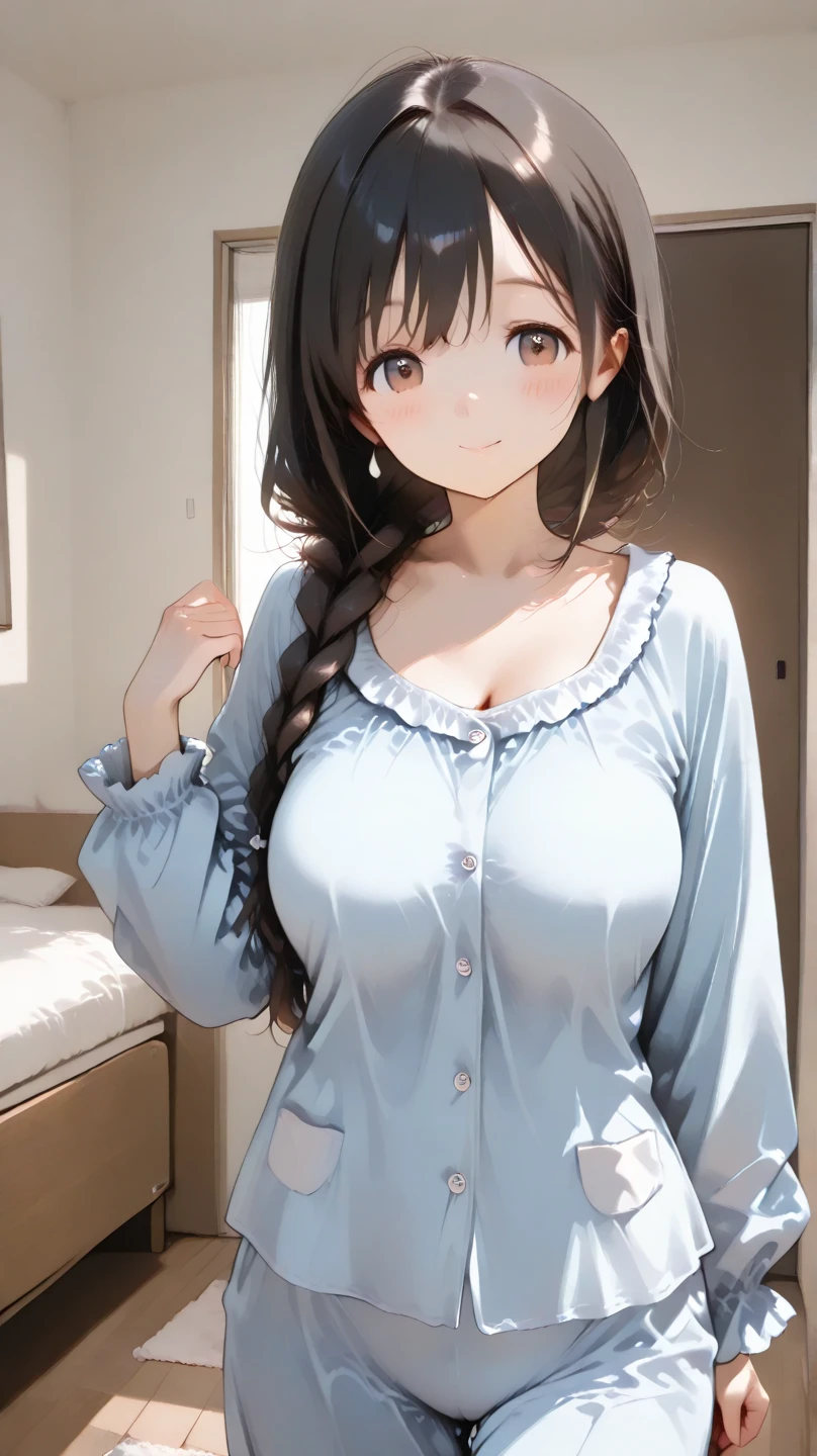 (((whole body))),(masterpiece:1.3, Highest quality, Ultra-high resolution, Super detailed), (Realistic, photoRealistic:1.4), Beautiful illustrations, Perfect lighting, colorful, Depth of written boundary, Beautiful detailed hair, Beautifully detailed face, Beautiful fine details, Beautiful clavicle, Beautiful body, Beautiful breasts, Beautiful thighs, Beautiful feet, Beautiful fingers, View your viewers, 1 girl, Perfect Face, (Perfect Anatomy, Anatomically correct), Cute and symmetrical face, Baby Face, , Shiny skin, (Brown Hair), Hair between the eyes, Dark green eyes, Droopy eyes, Big eyes, Long Eyelashes, (((Luxury underwear)))、((Light blue floral underwear))),(bra、Embroidery pattern)、(((panties、Embroidery pattern)))、(Beautiful views), Bright lighting、smile、laughing,(((semen)))、(((whole bodyが見えている))) ,((City)),((morning))、(full body:1.3) ,(((両手で水色のEmbroidery patternのpantiesを持つ)))