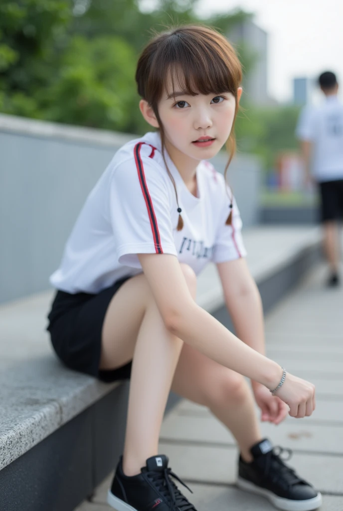 ((Best picture quality, 8K, tmasterpiece:1.3)), Korean girls, (mini-skirts:1.3), (slender leg:1.3), (athletic sneakers:1.3), (Sit Pose:1.3)