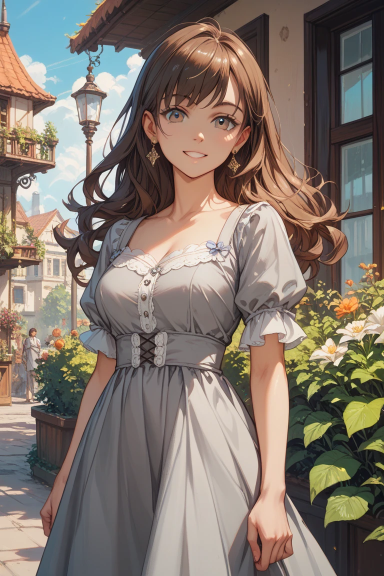 slender, mature female,rating:safe, jewelry, 1girl, long_hair, earrings, dress, brown_hair, blue_eyes, breasts, solo, necklace, cleavage, outdoors, day, hair_ornament, looking_at_viewer, bare_shoulders, plant, standing, sleeveless, white_dress, sky, collarbone, flower, tree, medium_breasts, bracelet, building, closed_mouth, bangs, wavy_hair, cloud, sleeveless_dress, smile, blue_sky, leaf, pendant, sunlight, eyebrows_visible_through_hair, cloudy_sky, potted_plant, hair_flower, stairs, large_breasts, bush, long_skirt, bare_arms