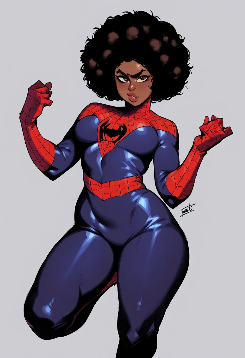 Beautiful woman posing behind a defined and detailed body wearing a Spider-Man cosplay with blue and white colors, delgado , pata de camello, cameltoe, cabello afro crespo, hermosa mujer negra cubana de cabello largo y peinado en rastras
