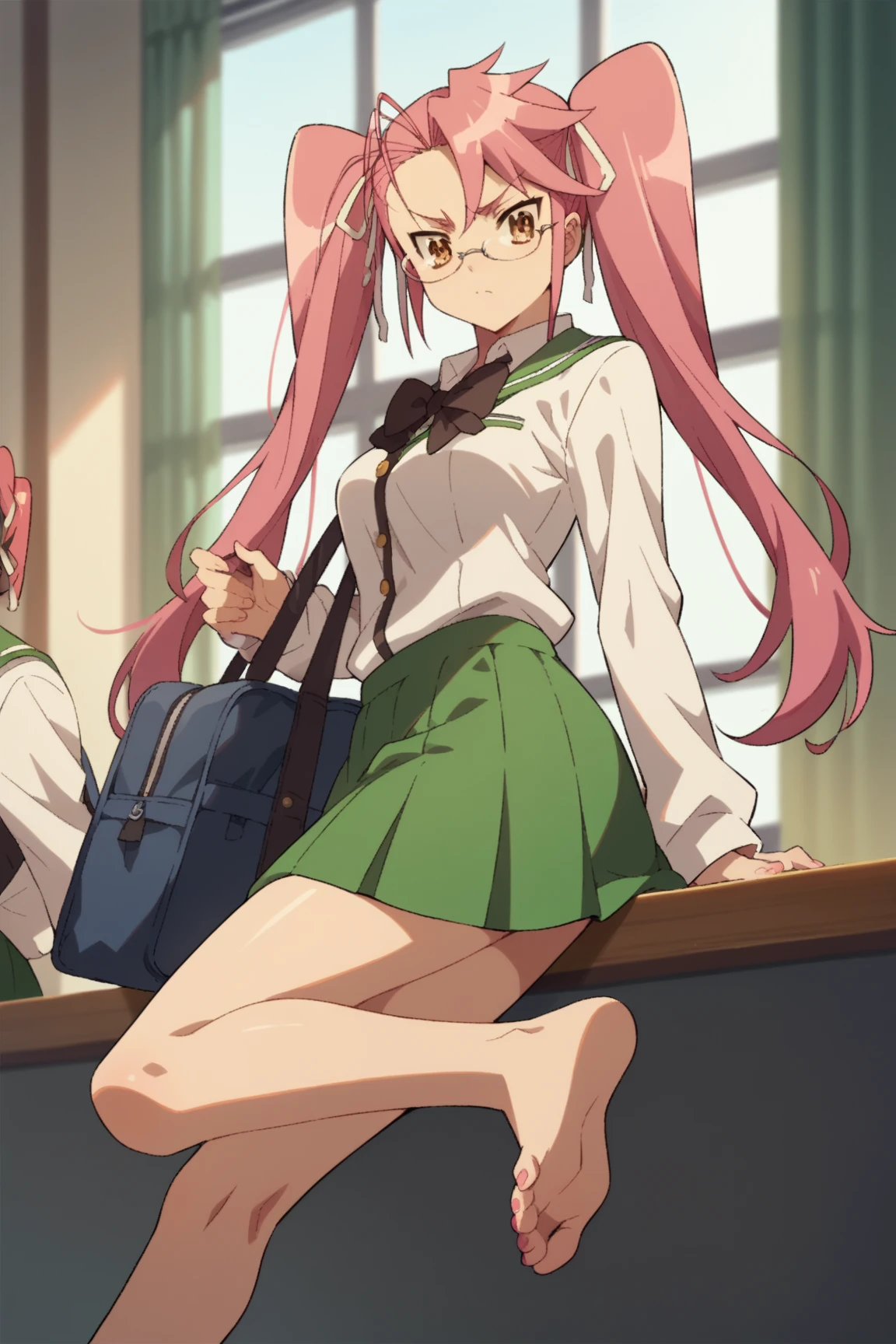 Hayatakagi, Hajime Takagi, Long hair, bow ribbon, (Twin-tailed:1.3), (Brown eyes:1.5), Hair Ribbon, Pink hair, (eye glasses:1.3),BREAK skirt, thighs thighs thighs thighs, School uniform, serafuku, Green skirt, bowtie, Long sleeves, black bowtie,(looking at the viewers:1.3),BREAK (masutepiece:1.2), Best Quality, High resolution, Unity 8k壁纸, (Illustration:0.8), (Beautiful detailed eyes:1.6), extra detailed face, Perfect Lighting, extremely details CG, (Perfect hands, Perfect Anatomy),cowboy shot、(outside of house、plein air)、(Skirt lift:1.5), (Pink streaks々Panties:1.5)、(Skirt that rolls up:1.3)、(Fully exposed panties:1.5)、