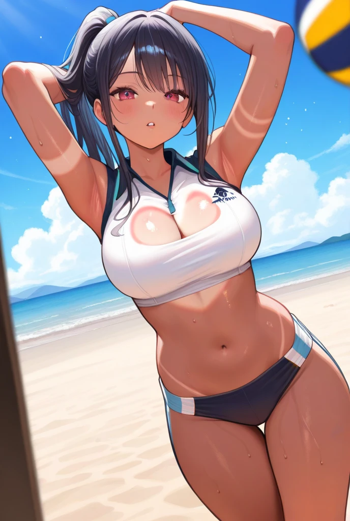 rinko,ponytail,mature female,see through nipples,large breasts,bouncing breasts,long hair, ponytail,blue hair, hair between eyes,purple eyes,(highres, high quality:1.1), intricate details, cinematic lighting, (wet gleaming skin:1.1), (sports bra top and micro bikini bottom),beach volleyball,navel,see through uniform,beach, sunlight, bright sky, blue sky,strong winds, god rays, light rays, ,(red blush,smile),dynamic pose,