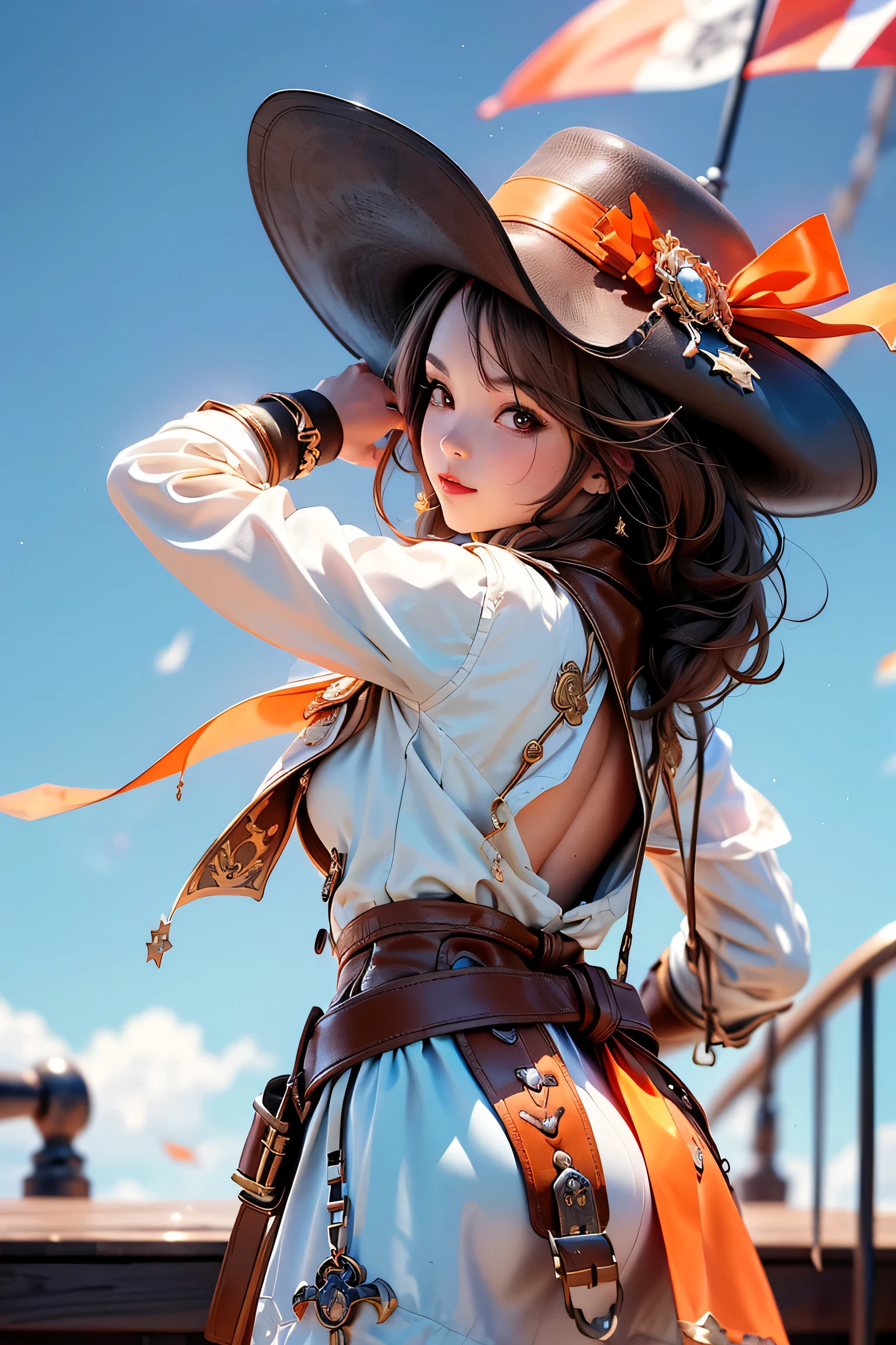 ( masterpiece :1.2, top quality ), Realistic image, Genuine, professional writing , 16k, Wallpaper,is so cute , Transparent Beauty, short brown hair after pregnancy, big eyes, Eyeliner, and she has a bright smile, ((wearing a brown gilet over a white shirt and wearing a dark brown Justocor, dress like Barbossa from Pirates of the Caribbean, Black fingerless gloves on the left hand、orange sash belt around the waist(Embellished Ribbon)Wrap it、has a black leather belt over it,(with a gun between the belts), 頭には緑のバンダナWrap it、I'm wearing a wide-brimmed hat on top of my jacket, stretches slightly longer in the middle of the back of the hair、I'm braiding, sword standing and posing on the deck of a pirate ship is suspended from the top of his jacket with a dark brown leather sword belt, is a snake-shaped necklace、I wear a ring with a lion head pattern on my right hand, The)), The bright ocean and the pirate ship's back, wide angle shot,