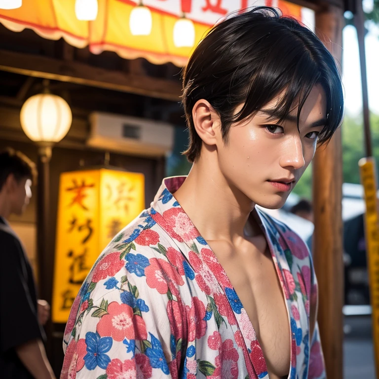 (photorealestic:1.2、best qualiy、in 8K)、(um homem、knife)、The man is a 20-year-old black-haired Ukrainian、Soji Okita、actor、White and blue yukata、edo period、muscled、out door、(sweats:1.2)、finely detailed skin、(Cinematographic lighting)、suntan、Soft Light、Double eyelidd、(Seductive)、((agitation))