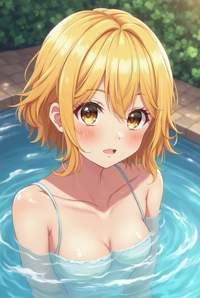 (((masterpiece))), ((highest quality)), (Very detailed), ((High resolution)), ((8k)), ((Anatomically correct)), One very cute girl, Baby Face, (Poor breasts), Plump, Vocaloid, (Kagamine Rin), Blonde, Short Hair, Letting down your bangs, Charming smile, Blue eyes, Best moment, Delicate arms, Detailed skin texture, Intricate details, Very detailedな顔, Beautiful curves, Beautiful thighs, (Sweating), ((Wearing denim shorts on the lower half of the body)), ((She is wearing a yellow striped bikini on her upper body.)), Pool at night, Ecstatic expression, Looking up, A big smile, barefoot, Wearing sandals, Sitting, Crotch open in an M shape, Bow-legged, Showing off your crotch to viewers,