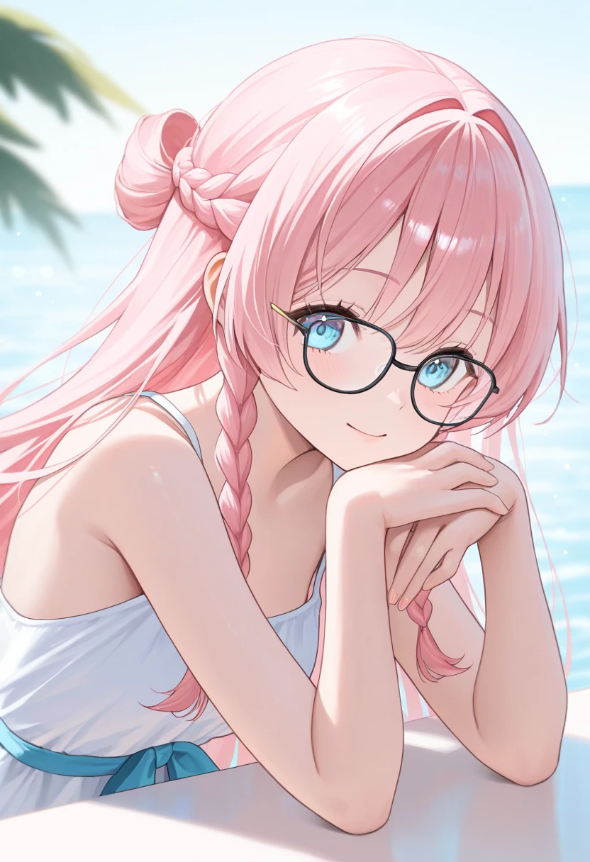 ((Masterpiece, Best Quality, Watercolor Art (Pendant), Official Art, Beautiful and Aesthetic: 1.2)), (1 Girl: 1.3), (Fractal Art: 1.3), Full Body, (Glitter Pupil)), Pattern, (((Iridescent hair, Colorful hair, Half blue and half pink hair: 1.2)), Colorful, (Glasses), Writing, Heterochromia, (Colorful: 1.5), (Swimsuit)), (( straw hat)), sea, sandy beach, sunny sky, (((shy face)), ((micro bikini)), (standing), (hyper detail), ((delicate detail)), (complex detail), ((cinematic light, highest quality backlight)), high contrast, ((best lighting, very delicate and beautiful)), (cinematic light)), (ray-traced reflection, brilliance), (( Shining Aura)), ((Shining Hair)), ((Super Detail)), ((8K))