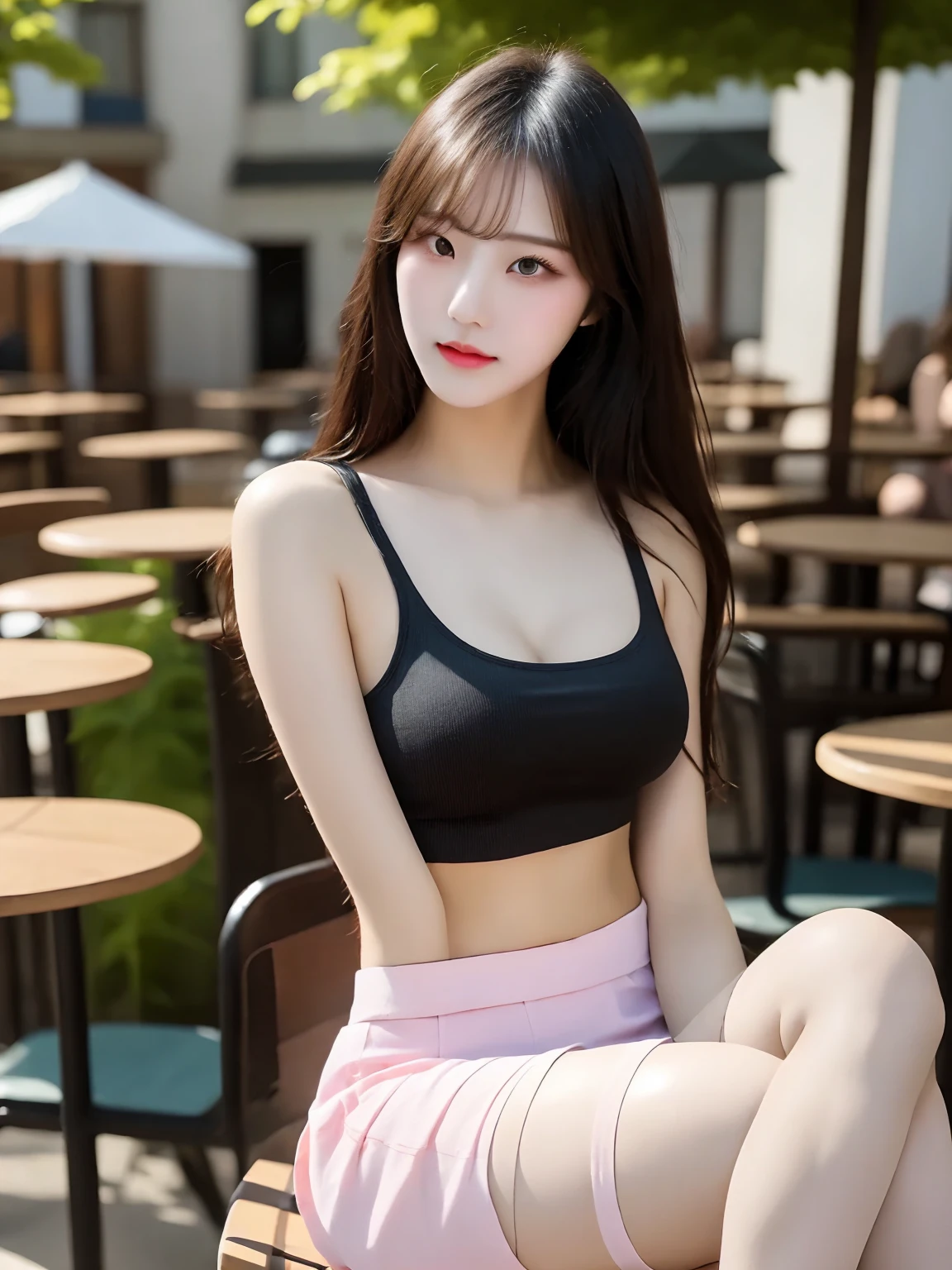 ((Highest quality, 8K, masterpiece :1.3)), whole body, Sharp focus :1.2, Beautiful woman with perfect figure :1.4, Slim Abs :1.2, ((Long black hair, Big Breasts :1.2)), Korean Beauty、21 years old、Yoga Wear、Supermarket、shop window、Angle from above、Highly detailed face and skin texture, double eyelid, Large and realistic bust、Beautiful legs、Underboob、