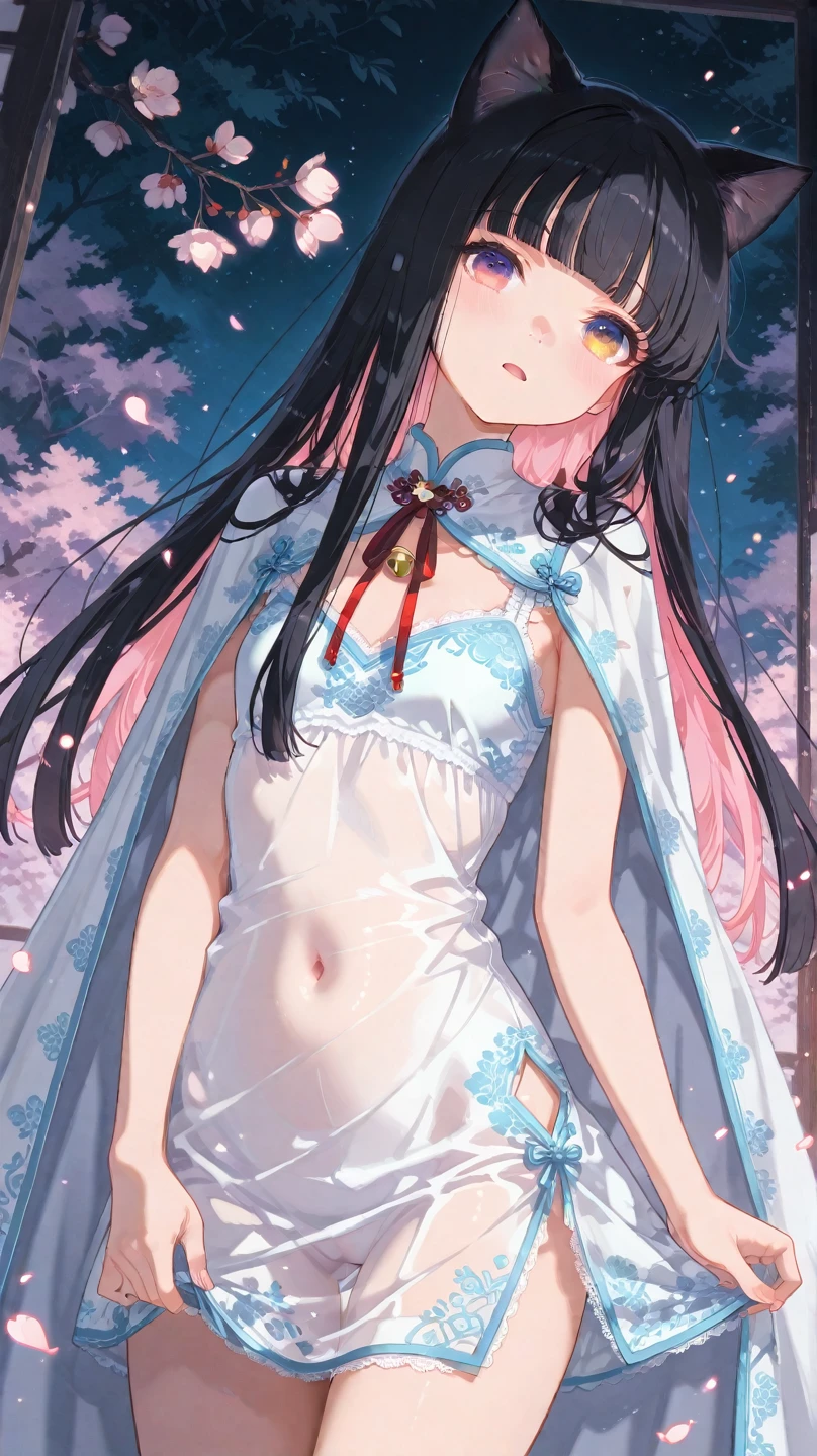 15-year-old girl、(Black Hair、Slightly thin body、Thin limbs、Closed right eye、Open left eye、Lowered eyebrows)、Bare chest、bra、kimono(Black or white、Wearing a sash)