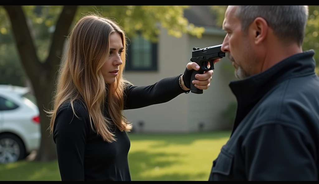 Realistic and professional action scene of Jennifer Aniston, wearing jeans, white blouse and black coat, shooting with a pistol, in a cemetery.