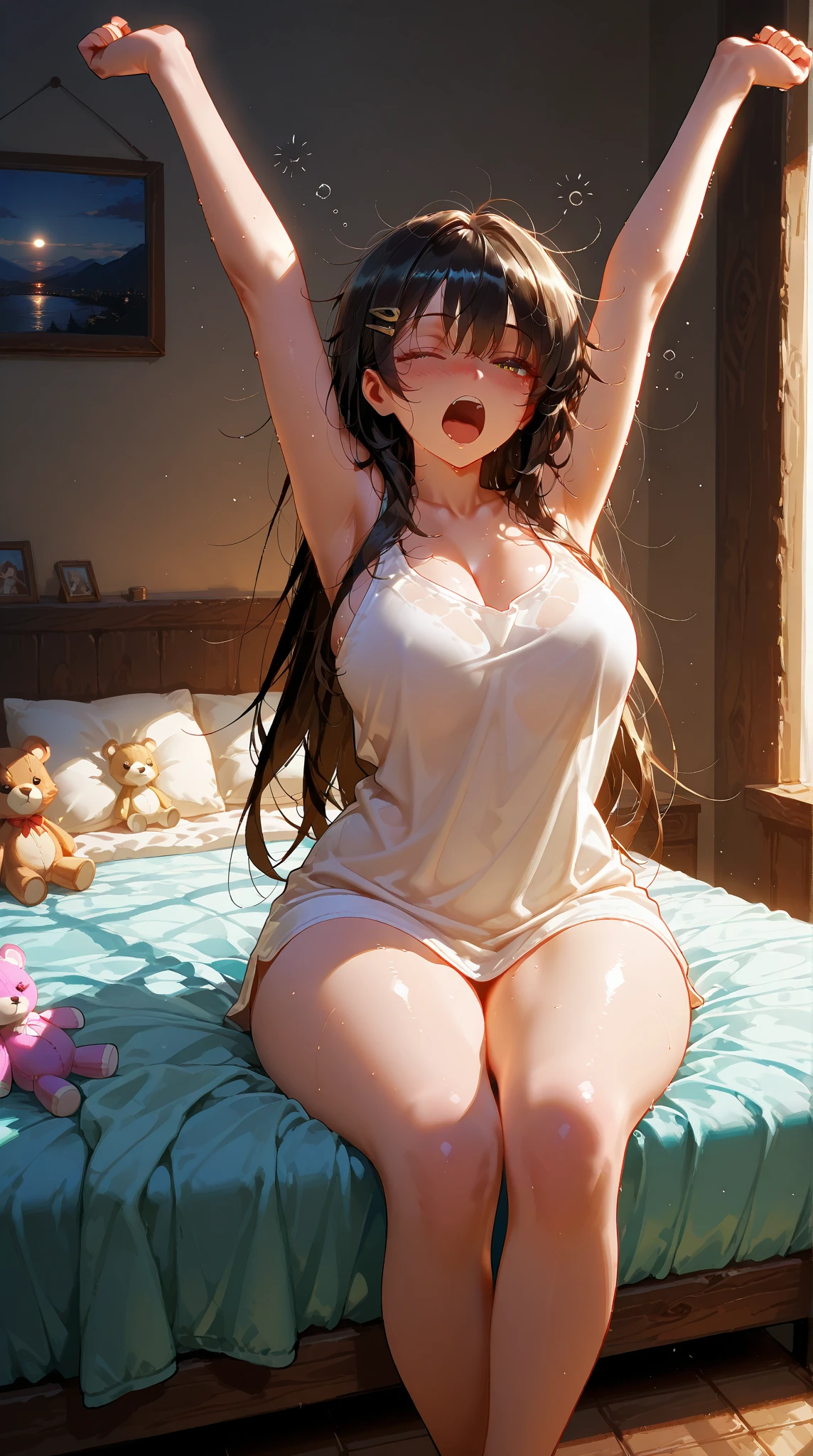 （Sky：1.7）， forest backdrop，
sitting on the floor，
cum on stomach，No Panty，（fnaked：1.3），Open your chest，Sleeveless，Bare legs，large legs，abdomen，Belly button，cum on bodyl，Shot in the crotch，White bra，Bare chest，Shoot in the chest，The white liquid is drizzled all over the body，Raised bulge，Raised bulge，Big breasts
Black hair，Hair bangs，Long wavy hair，（hair between eyes：1.3），
1girl with big breasts，20yearsold，Mature women，Beautiful Finger，Beautiful long legs，Beautiful body，beautiful nose，Beautiful character design，prefect eyes，Perfect face，
looks at the viewer，
NSFW，officlal art，extremely detailed CG Unity 8k wallpapers，perfect litthing，A riot of colour，Bright_in front_face_stagelighting，
（The Masterpiece： 1.0）， （best_quality： 1.0）， ultra-highresolution， 4K， ultra-details，
cinematography， 8K， hdr， high - resolution， absurdities：1.2， Kodak Portra 400， filmgrain， blured background， Bokeh：1.2， Lens glare， （vibrant_color：1.2）
（beautifull，Large_breasts：1.0），（beautiful_face：1.5），（Narrow_waist），pregnant woman