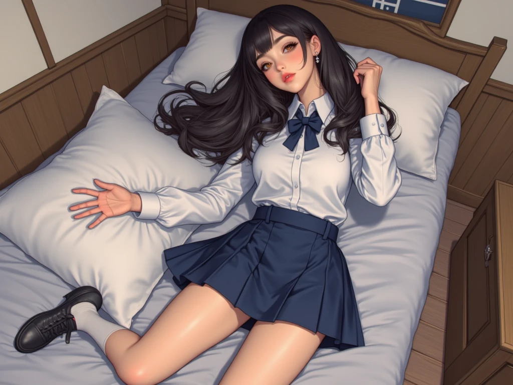 A schoolgirl lies on a bed with her limbs tied