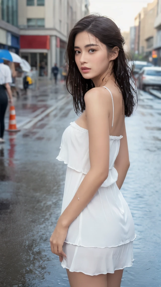 ((Best Quality, 8K, Masterpiece:1.3)), Focus: 1.2, Perfect Body Beauty: 1.4, Buttocks: 1.2, ((Layered Haircut, Breasts: 1.2)), (Wet Clothes: 1.1) , (Rain, Street:1.3), Bandeau Dress: 1.1, Highly Detailed Face and Skin Texture, Delicate Eyes, Double Eyelids, Whitened Skin, Long Hair In underwear Thin eyebrows Japanese