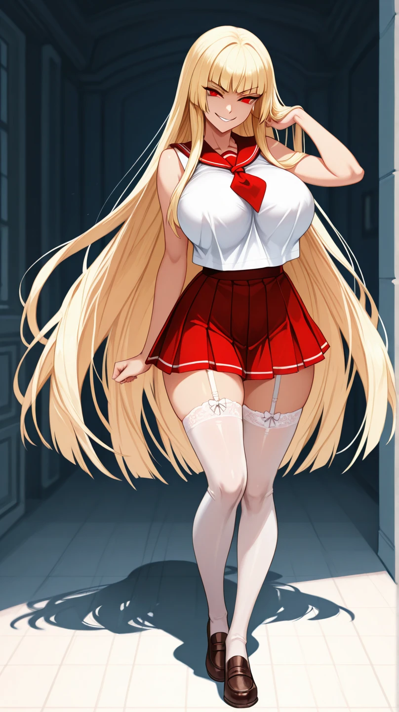 Realistic image, detailed image, 1 elf, She has red eyes, She has medium blonde hair with a red ribbon on the left side of her hair, She wears a short red blouse that exposes part of her stomach, sexy shorts. Stockings to mid-thigh, sneakers. She has big boobs, narrow waist, wide hips and thick thighs. smiling. Full body view. Arched back. white background. Uniform background. Volumetric light. Ambient light.
