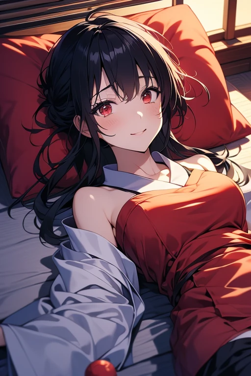 (8k, RAW photo, realistic, photo-realistic, hyper-realistic, highest quality, best quality, masterpiece, highly detailed, absurdres:1.2), 1girl, solo, vampire, goth, fantasy, delicate features, brown hair, red highlights in hair, red eyes, long hair, hair down, perfect hands, perfect legs, laying down on bed, wearing red tight dress and tight black pantyhose, red bat wings, blushing (large breasts:1.2), pale ivory white skin, (ultra-detailed 16k skin texture with slight imperfections:1.2), (candle lit bedroom:1), ultra-sharp focus, shallow depth of field, Volumetric lighting, specular lighting , Global illumination, Volumetric Fog , Silhouette