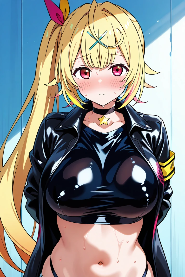 Paizuri, 1girl, 1boy ,pov, penis between the breasts, breasts squeezed together, hot big sister, pop style, , wet penis, sweat, pattern bikini, multi colored hair, graffiti wall, :p, jacket, blonde hair