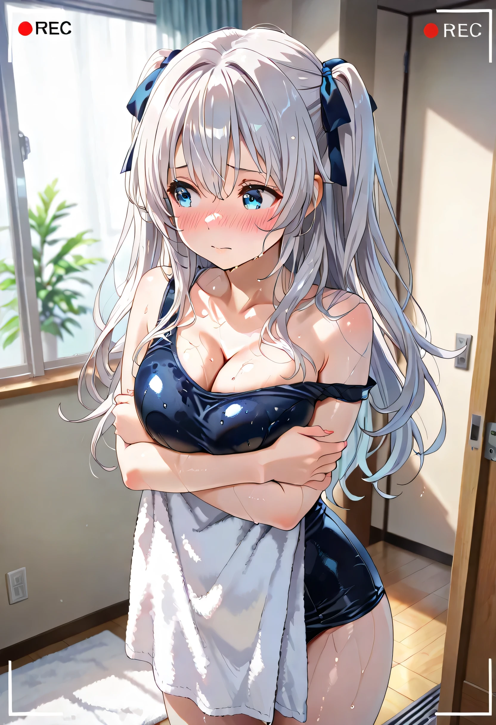 highest quality,wonderful,finely,extremely detailed CG Unity 8K wallpaper, (1 girl, blue eyes), (huge breasts:1.2), (black school swimsuit:1.3), (bare shoulders:1.1), (clavicle:1.1), (semen:1.2), (loli:1.2),(sperm:1.2), (zettai ryouiki:1.2),(constriction:1.2), (Are Standing:1.2),(Nipples),(Nipples visible), ((cum,sperm,semen)),(((cum on face))),((ejaculation semen)),((ejaculation cum)),(((bukkake))),purple hair,arms up,armpit,locker room,(((cum on body))),(((sukumizu)))