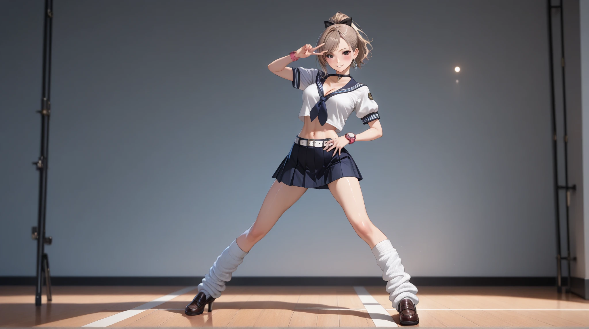 <lora:ibalance:0.9:CT> ibalance standing_split, standing_on_one_leg, leg_up Holding leg, best quality, high detailed, Faint lips,UC:realistic, cinematic lighting kawaii cute 1girl 16yo gray hair yellow eyes, happy school_Uniform high socks knee high boots Fullbody  dynamic pose