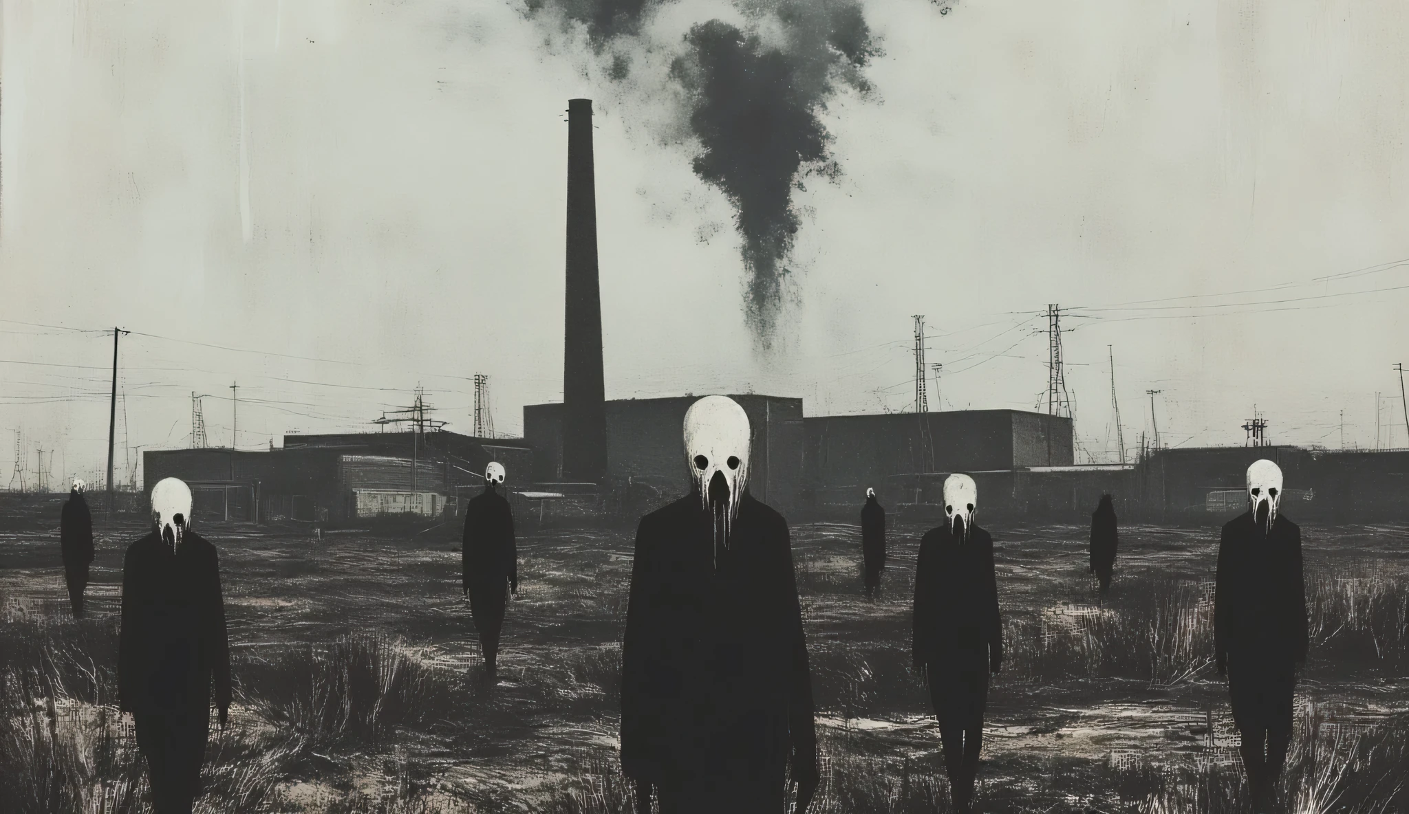 A dark surreal scene of people walking across a field, they have hairless skull heads and featureless long sleeve black outfits, a dystopian factory sits in the background belching black smoke from its smoke stacks, the sky is filled with grey and black clouds, nightmare quality, high detail, masterpiece.