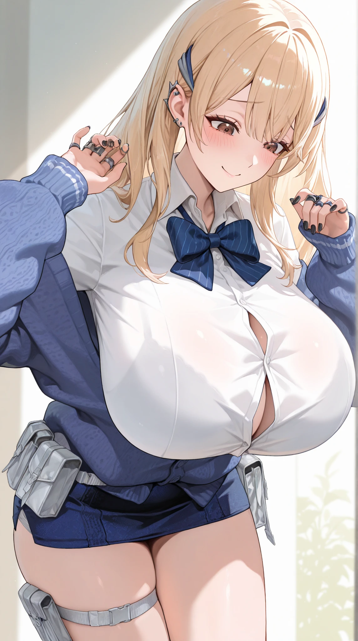 score_9, score_8_up, score_7_up, source_anime BREAK 1girl, solo, <lora:tia-nikke-richy-v1_pdxl-came207:1> tia, blonde hair, hair ornament, hair clip, brown eyes, gigantic breasts, covered nipples, blue bowtie, blue cardigan, white shirt, button gap, blue skirt, white thighhighs, huge breasts, thick thighs, sleeves past wrists, nail polish, black nails, ring, ear piercing, thigh strap, belt pouch