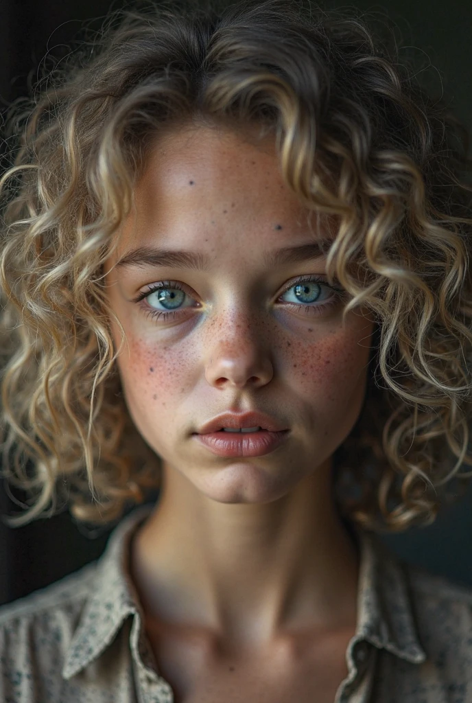 12 year old teenage girl, orphan from the orphanage, Hooligan, Mischievous, (flat chest:1.5), old wrinkled grayish T-shirt with sleeves, unevenly cut very tousled and disheveled dirty hair to the shoulders, blonde, Beautiful round face, blue eyes, Long eyelashes, piercing gaze, closed mouth, thin build, Abundance of large freckles, moles, room in need of renovation in the old Soviet dormitory of an orphanage, Dim lighting, faded gray tones, masterpiece, complex part, Ideal Anatomy