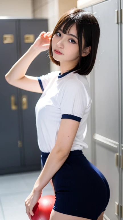 one girl, 14 years old, 8K, RAW photo, best quality, masterpiece, realistic, photo-realistic, clear, professional lighting, BREAK, no makeup face, smile, shirt, solo, gym uniform, Navy blue bloomers, buruma, white shirt, (short cut hair:1.2), (looking back:1.2), black eyes, black hair, full body, (classroom:1.2)