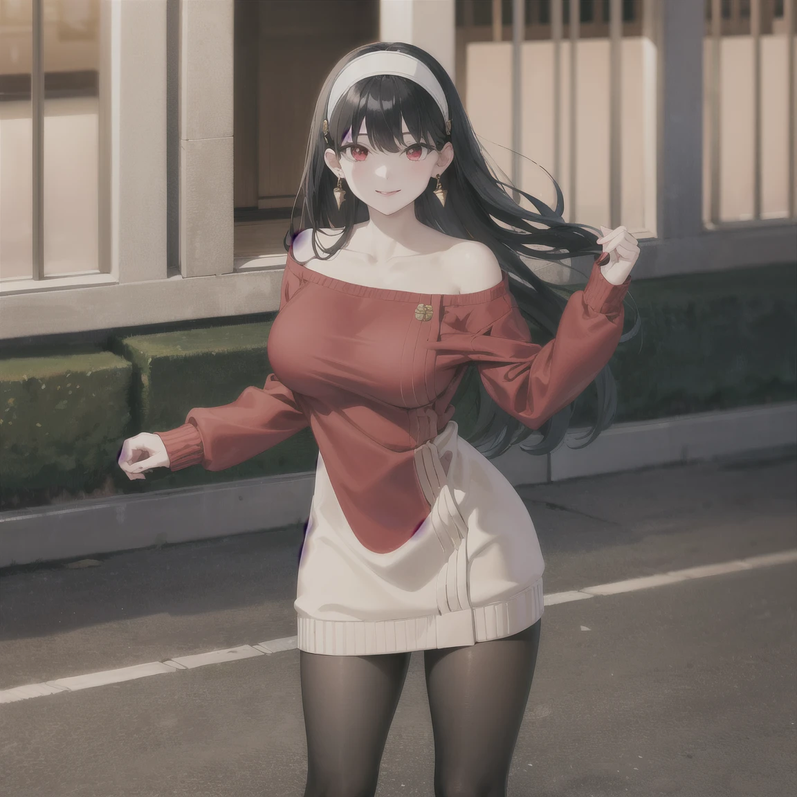 An extremely beautiful cute woman, with black long hair, big red eyes, extremely fair shiny bright white skin, and soft pink blushes on her cheeks, Cute plain look on her face, wearing an off-shoulder red sweater dress with black stockings, white heels, a gold necklace, blue earrings, and red puffy lips. Standing straight, garden in the background. Show full body from head to toe.