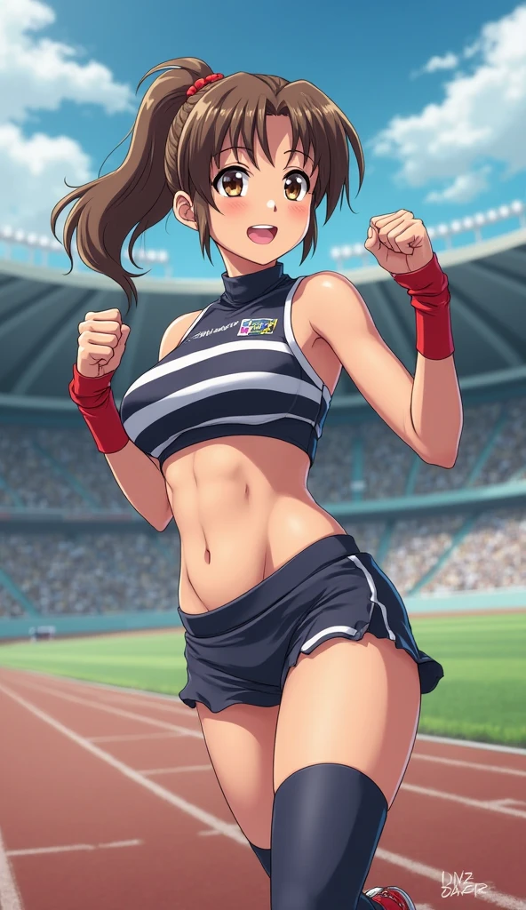 ((Masterpiece)), ((Best Quality)),Ultra High Resolution, Caustics, Detailed, Beautiful Detailed Eyes, solo, (athletics stadium, track and field athlete),20 year old beauty、( separate, bloomers ,show off belly),slender body, ideal ratio body proportions,sweat,medium breasts,brown eyes, (ponytail)、medium hair,brown hair,shy look、squatting,
