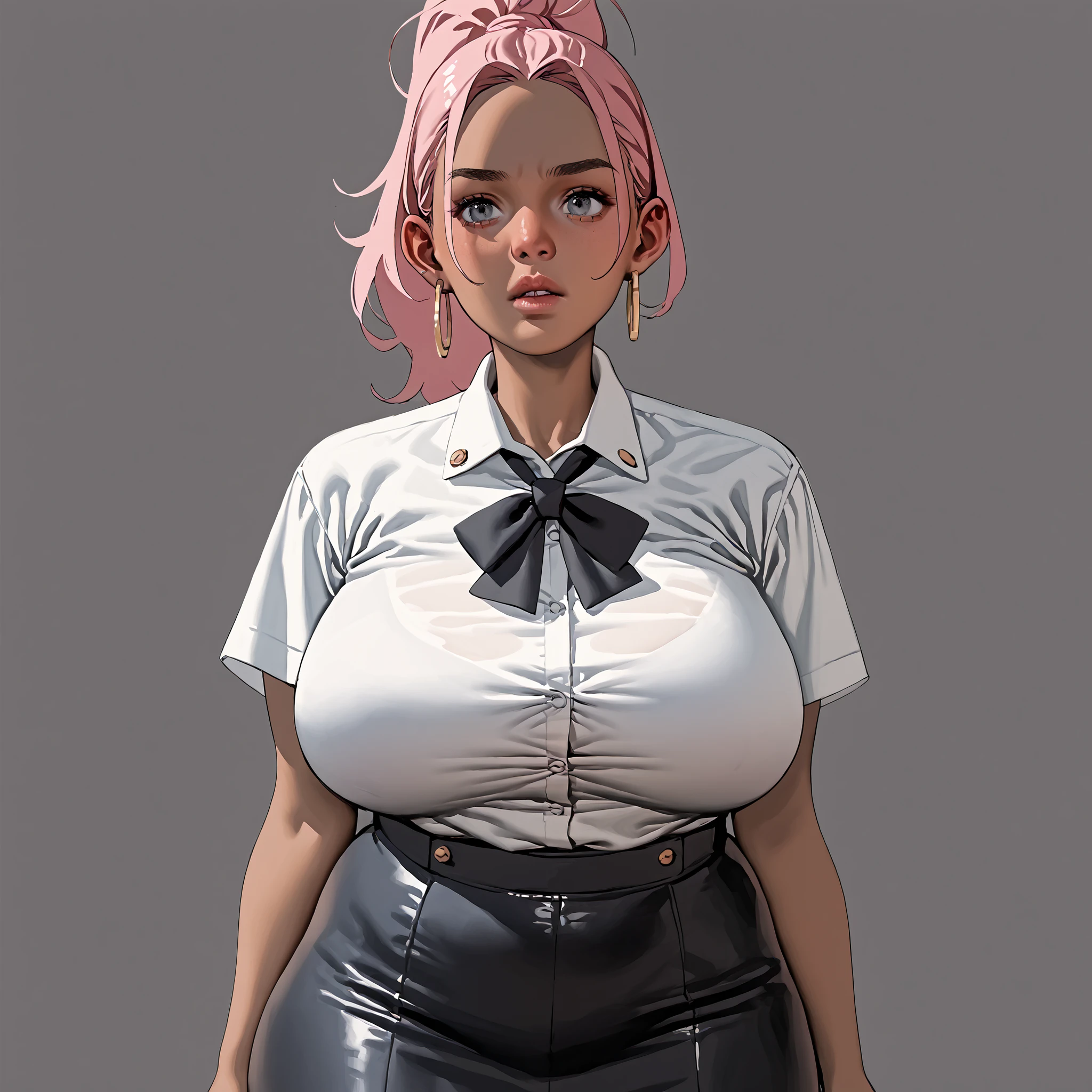 (masterpiece, best quality, perfect hourglass figure, wide waist, blush), busty, portrait, perfect face, flawless eyes, empty gradient background, beautiful lips, full lips, (arms behind back), perfect waist, cowboy ??????? shot, perfect hips,, wide smile, sanpaku, concave bangs, round pupils, evil eyes, tan, dark skin, brown skin, short puffy hair, huge breasts, saggy breasts, scarlet hair, GothGal, wearing a GothGal outfi, dress, frills,  cameltoe, oiled legs, oiled boobs, showing big juicy ass, showing big asshole,
