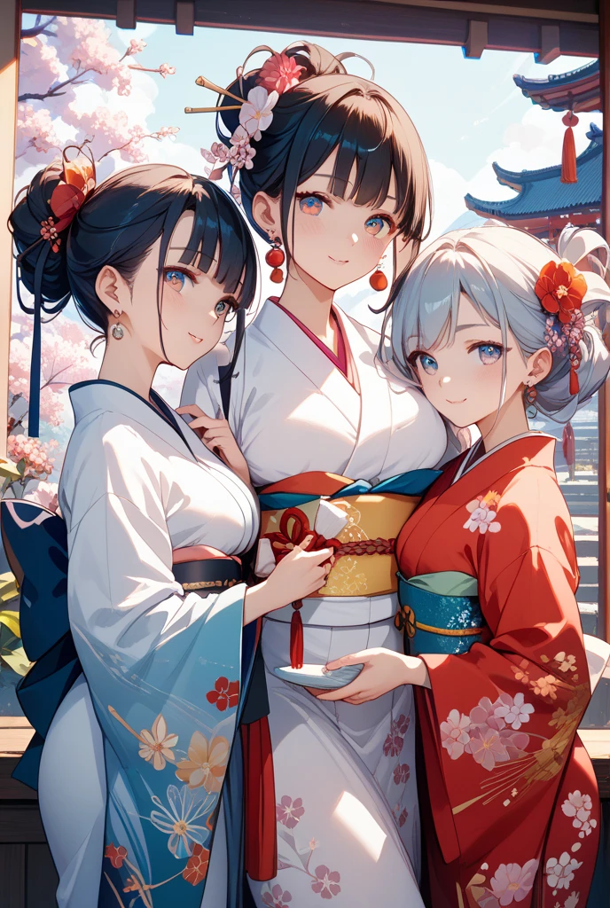 Highest quality, Super detailed, (Ultra-high resolution,8k), Ultra-high definition 4K, (Perfect Anatomy, Anatomically correct), (The three pure shrine maidens), (Detailed shrine maiden costume), (A peaceful moment), (High-quality facial beauty), (中に舞うDandelion fluffの中で:), (Photorealistic), (Detailed big breasts), Soft Skin, Glowing Skin, Bright lighting, colorful, A sparkling smile, Dandelion fluff