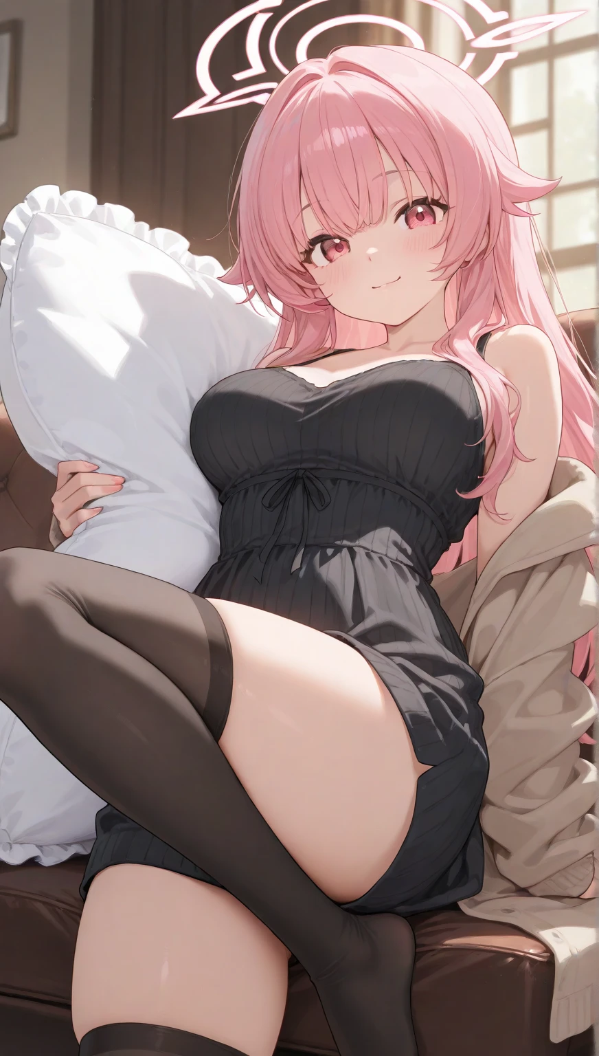 1girl, pink hair, long hair, large breasts, pantyhose, dress, smile, boots, dress lift, looking at viewer, sitting, bed, masterpiece, best quality, highres, nice hands, perfect hands
