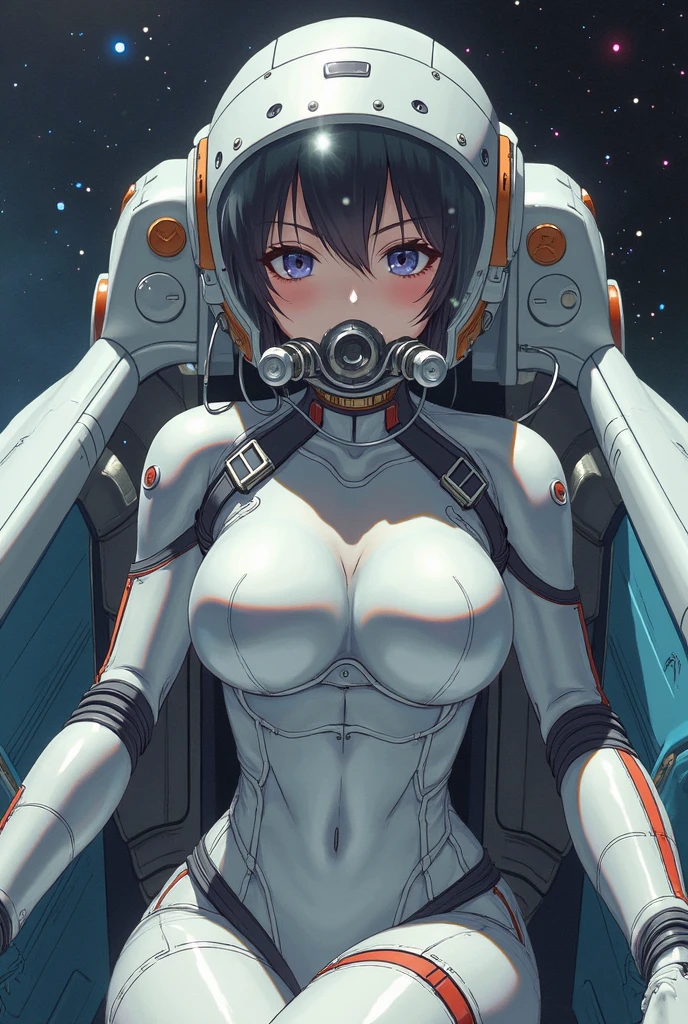 a highly detailed anime waifu astronaut in a futuristic space suit, wearing a sleek space helmet, with intricate and complex details, in a photorealistic style, 8k resolution, close-up view, big breasts, cleavage,