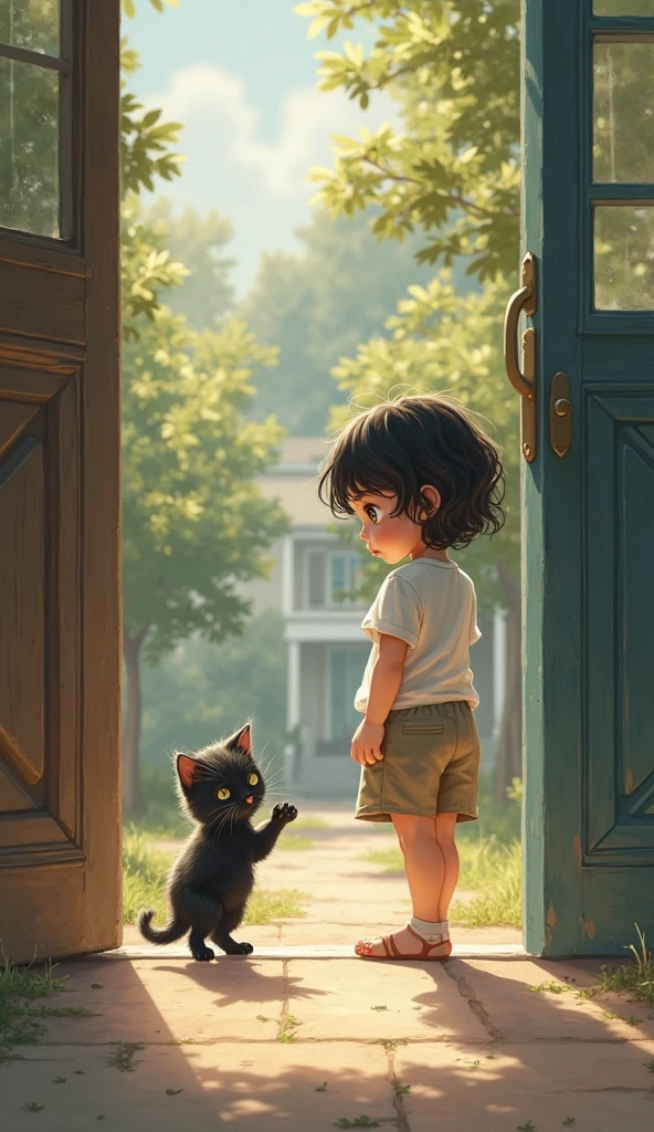 A boy and a black cat is looking at each other beside a opened glass window . The cat has sit on the window. The boy is standing outside of the house and has kept his hand on the lower part of the window and his wrist under his muzzle. In the background there is nature and in the left side background there are flowers. The picture has been taken from the inside of the house.But the boy is at the outside of the house . From his upper chest to his leg can not be seen because his lower part of the body is covered by the wall below the window.