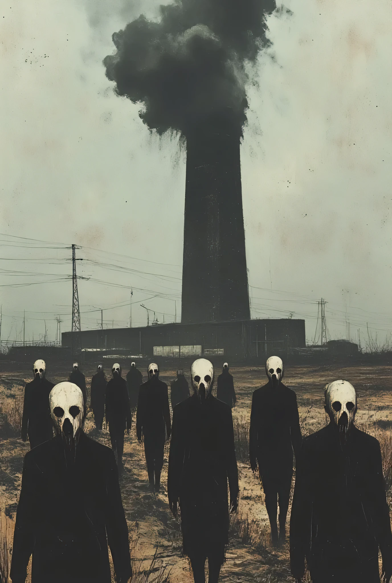 A dark surreal scene of people walking across a field, they have hairless skull heads and featureless long sleeve black outfits, a dystopian factory sits in the background belching black smoke from its smoke stacks, the sky is filled with grey and black clouds, nightmare quality, high detail, masterpiece.